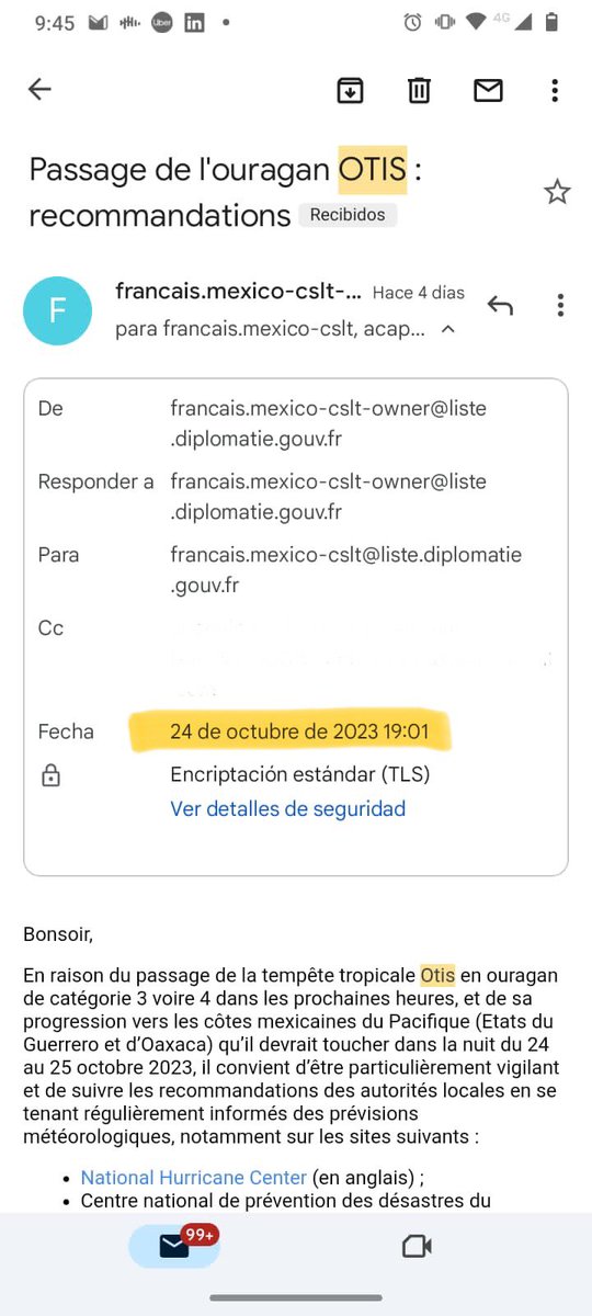 azucenau's tweet photo. Autoridades francesas alertaron a sus ciudadanos en México sobre el crecimiento de Otis en el pacífico

Ese 24 de octubre correos y alertas llegaron a las 7:01 PM. Unas 5 hrs antes de que Otis tocara tierra

¿Quién/qué falló en México con las consecuencias que estamos viendo? https://t.co/knwWLxZ9C8
