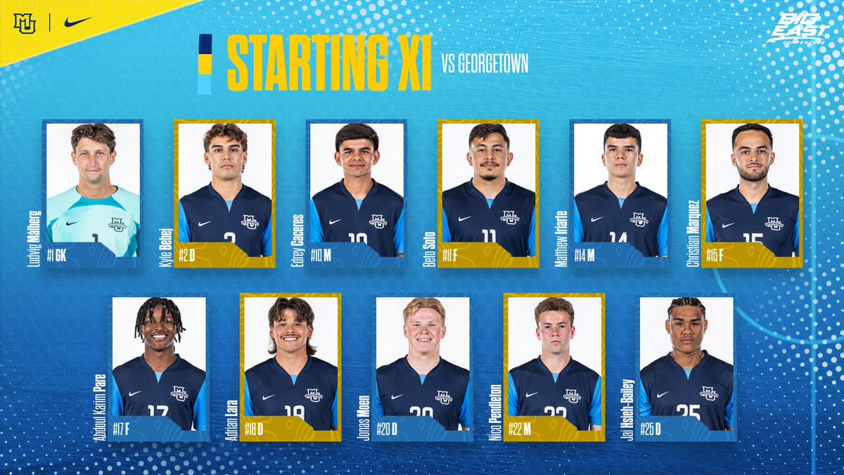 Starting XI for the Golden Eagles vs. No. 7 Georgetown 

📊:bit.ly/3QYK3eN
📺:bit.ly/3rofyEs

#WeAreMarquette
