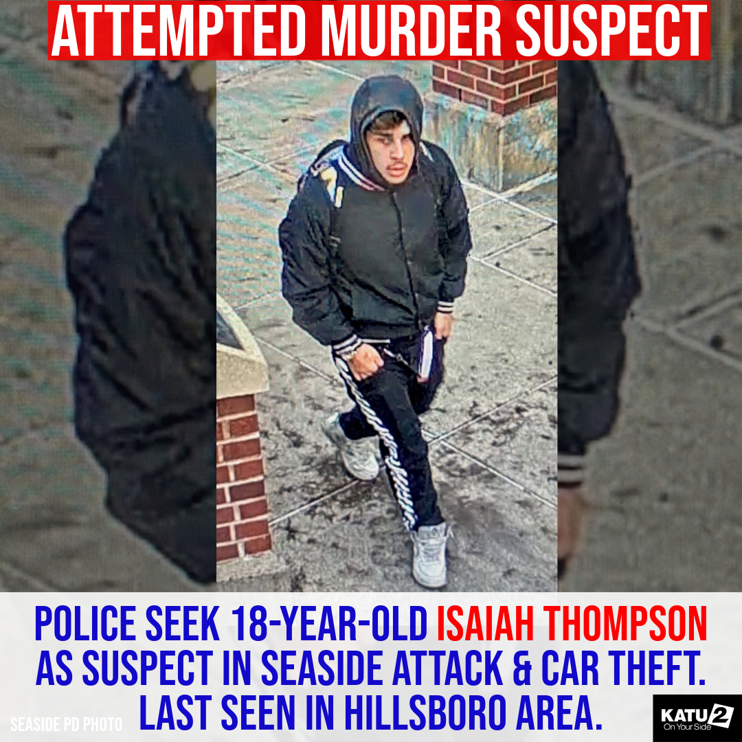 KATUNews's tweet photo. HAVE YOU SEEN HIM? Police are looking for 18-year-old Isaiah Thompson. He allegedly attacked someone in Seaside, stole their Ford Mustang, led deputies on a chase down Highway 26, and crashed in the Hillsboro area before running away. https://t.co/Rb2PRVBaDd https://t.co/Ovv7PL6GSJ