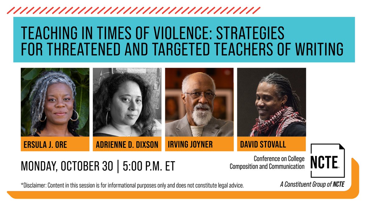 ncte's tweet photo. Register for the @NCTE_CCCC webinar "Teaching in Times of Violence: Strategies for Threatened and Targeted Teachers of Writing," October 30 at 5:00 p.m. ET.  https://t.co/2cge80q1OP (Content in this session is for informational purposes only and does not constitute legal advice.) https://t.co/ooW233dd92
