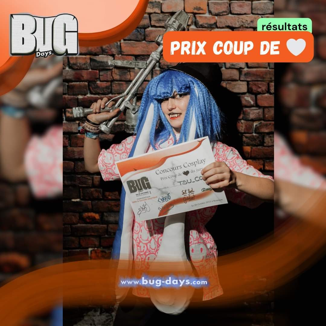 BUG_Days's tweet photo. C'est l'heure des résultats du concours cosplay ! 
🏆 1er prix : Luigi par Kitsmoon_cosplay
🥈 2eme prix : Ellie &amp; un claqueur par Litchi Bulle &amp; Ar.T Cosplay
🥉 3ème prix : Noa par Pika_chan_cos
Prix coup de 🧡 du jury : Inhking par Tsu-cos
Bravo à tous les candidats &amp; gagnants! https://t.co/EMkXnbZYO8