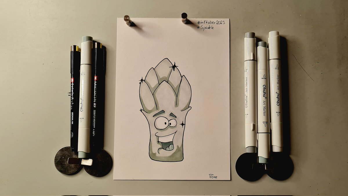 In the morning <a href="/azschrael/">Azschrael</a>  asked me about todays #inktober prompt. I said: #Sparkle . What she understood was Spargel, the german word for asparagus and there we are. Ofc i forgot about the sparkling part und added it afterwards.

#Inktober2023
#kleinekunstklasse