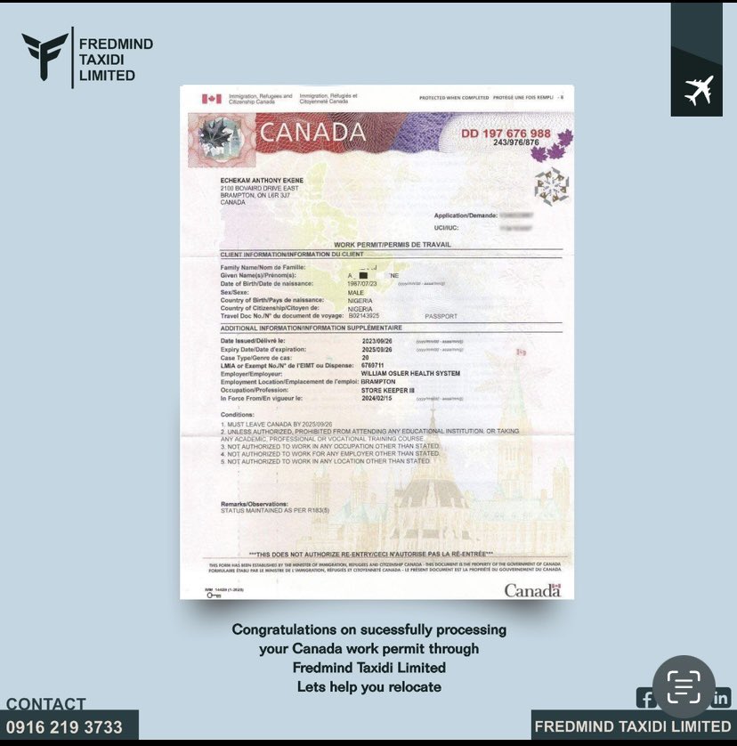 fredmindtaxidi's tweet photo. Congratulations on successfully processing your Canada work permit through FREDMIND TAXIDI LIMITED! 🎉

We’re dedicated to delivering top notch travel experiences to you 

Customer satisfaction and delivery is our biggest priority https://t.co/dreUn7ubSC