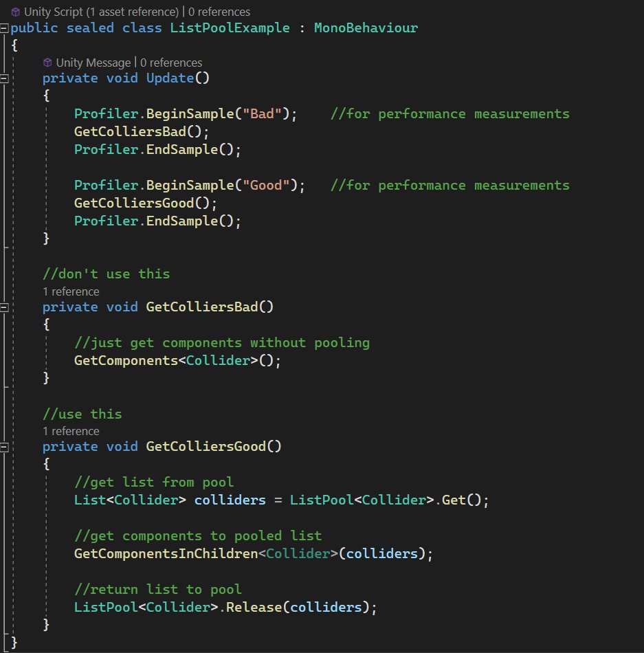 SwiftRollDev's tweet image. #unitytip Any new() collection in C# creates allocation and it worsens your performance a little
Avoid it by using Unity's built-in ListPool/DictionaryPool/etc or even build your own pooling
#unity3d #unitytips #gamedev