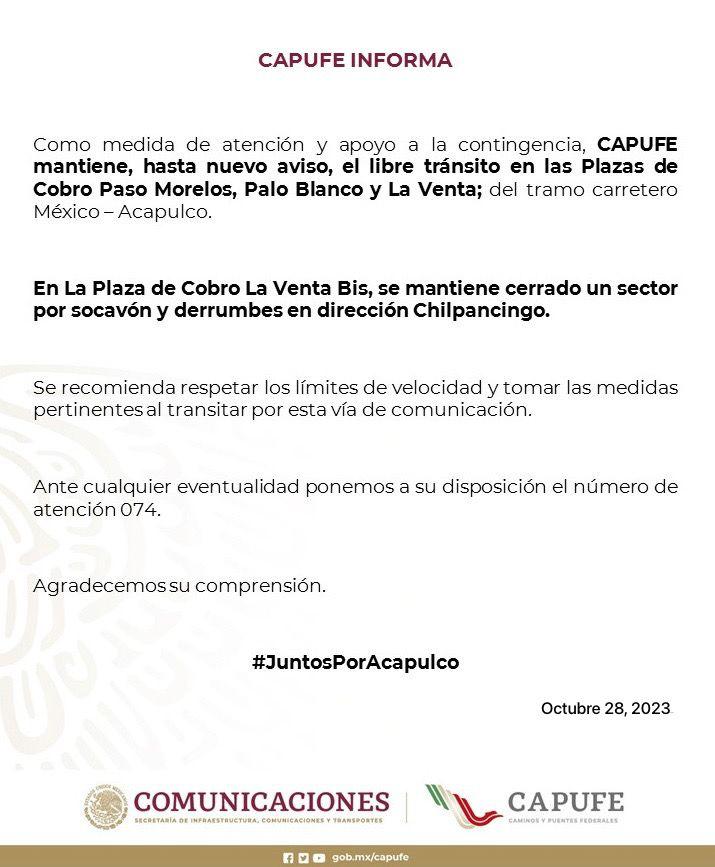 #CAPUFEinforma en apoyo a la contingencia, se mantiene hasta nuevo aviso libre tránsito en tres Plazas de Cobro de la México-Acapulco #JuntosPorAcapulco