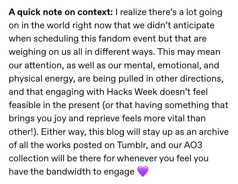 For those who are participating in Hacks Week, we’re up and running tomorrow! I’ve posted reminders and details, including a link to our AO3 collection (Hacks_Week_2023), on Tumblr (post screencaps below) tumblr.com/hacksweek2023/…