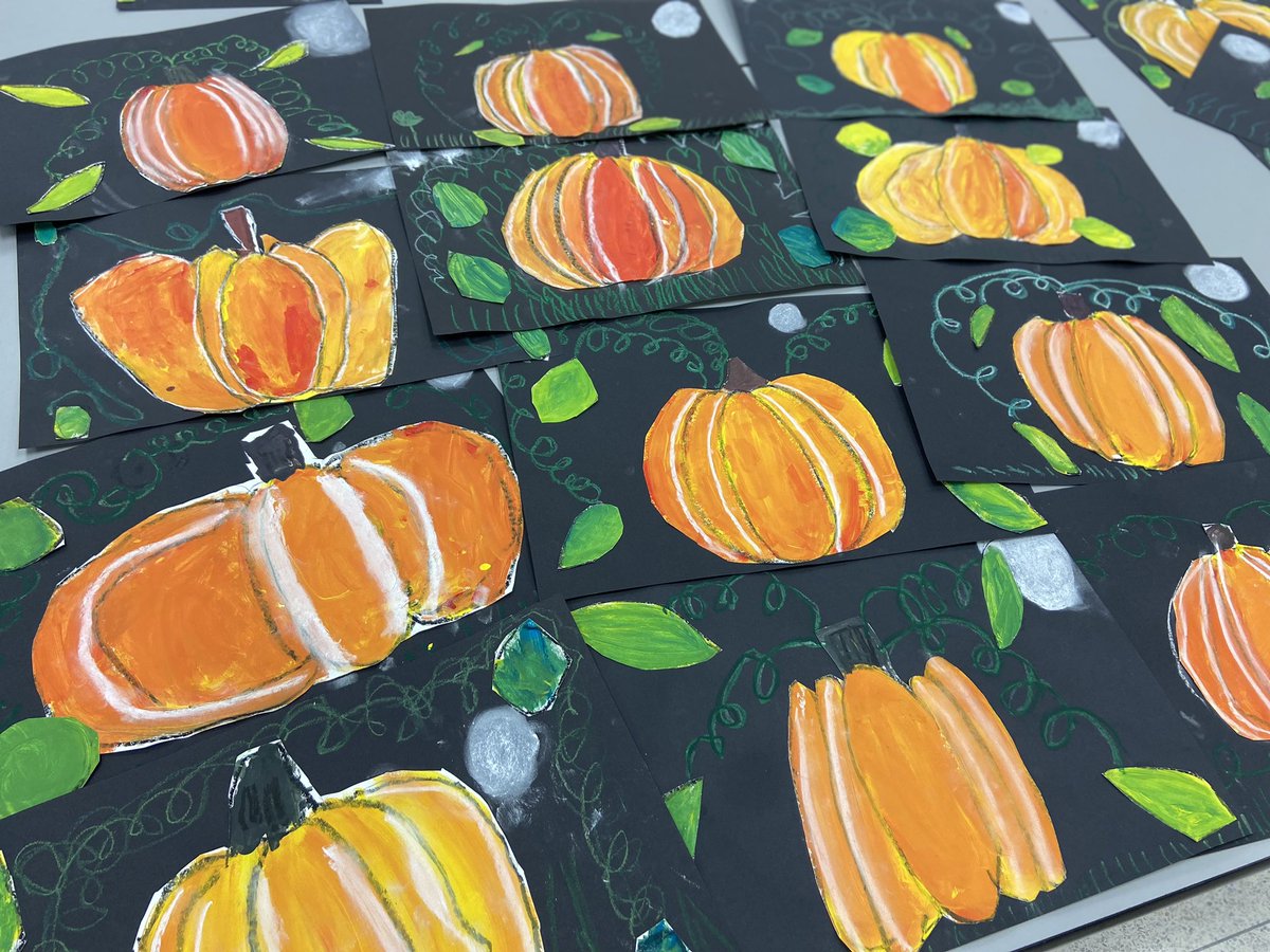 Ms_Rawls33's tweet photo. We’ve been busy in the Art room this month! 3rd grade warm/cool Autumn leaves 🍂, 1st grade Moonlight pumpkins 🎃 and 2nd grade Complementary color creatures. Great work, artists! https://t.co/teF1QGpBcw
