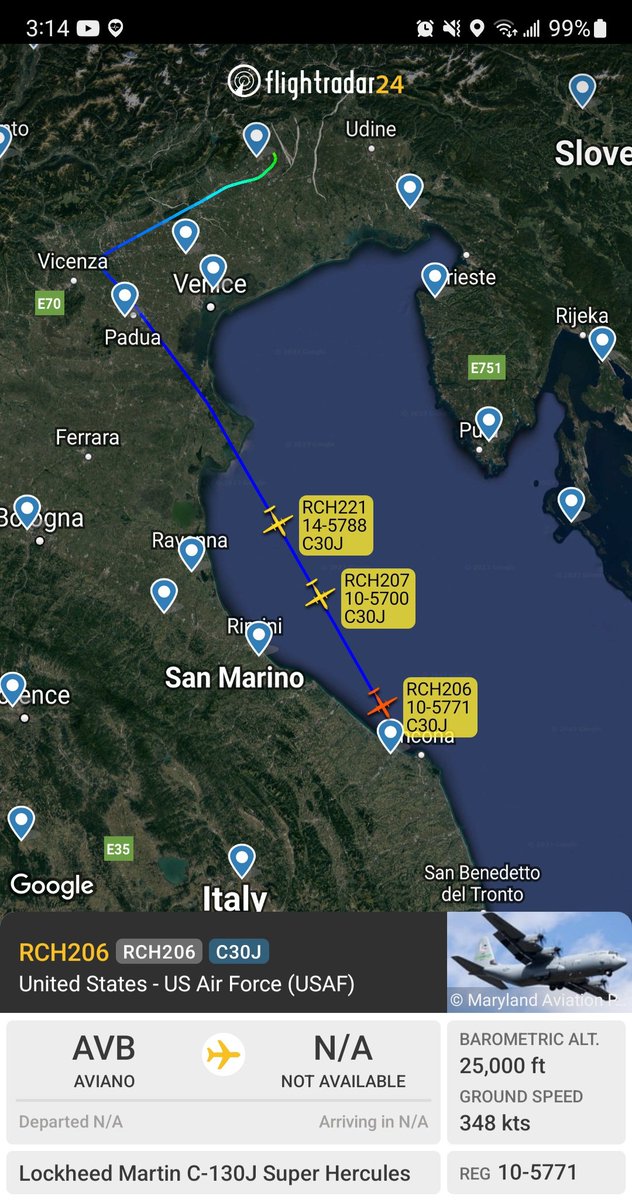 Borrowed7Time's tweet photo. Three USAF C-130Js departed Aviano AFB Italy, tracking down the Italian coast. These are out of Little Rock AFB AR.
10-5771 #AE54C8 RCH206
10-5700 #AE4BDD RCH227
14-5788 #AE595C RCH221 https://t.co/efbNgNQXYN
