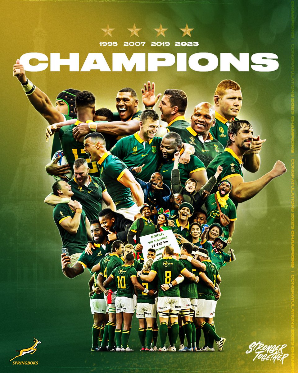South Africa's thrilling #RWC23Final victory, its 4th, is not only a historic first, but a powerful testament to a team that has shown the world time &amp; time again, how to be #StrongerTogether. To Captain Siya Kolisi &amp; team, Africa &amp; the world salute you, Champions of the World!