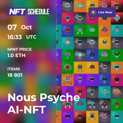 NFT Schedule | Free NFT Calendar (@nftschedule_) on Twitter photo ☄️Live Mint Now! Nous Psyche AI-NFT
🐦Twitter: <a href="/TheNousPsyche/">Nous Psyche</a>
🔗More info: nftschedule.online/event/nous-psy…
#NFT #NFTs #NFTCommunity #nftcollector #nftarti̇st #nftlover #NFTGiveaway #NFTCommmunity #nftarti̇st #nftarti̇sts #NFTdrops #nftdrop #Ethereum #ETHNFTs ☄️Live Mint Now! Nous Psyche AI-NFT
🐦Twitter: <a href="/TheNousPsyche/">Nous Psyche</a>
🔗More info: nftschedule.online/event/nous-psy…
#NFT #NFTs #NFTCommunity #nftcollector #nftarti̇st #nftlover #NFTGiveaway #NFTCommmunity #nftarti̇st #nftarti̇sts #NFTdrops #nftdrop #Ethereum #ETHNFTs