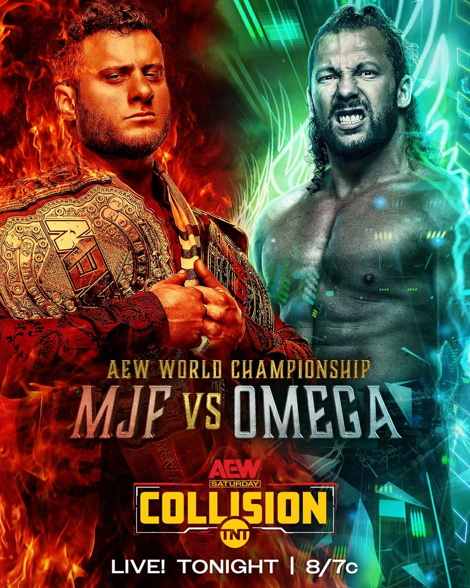 TONIGHT on #AEWCollision from the @MoheganSun in Uncasville, CT- Former #AEW World Champ @KennyOmegamanX will challenge #AEW World Champion @The_MJF for the Title LIVE on Saturday Night #AEWCollision at 8/7c on TNT! Who DO you think will win the #AEW World Championship?