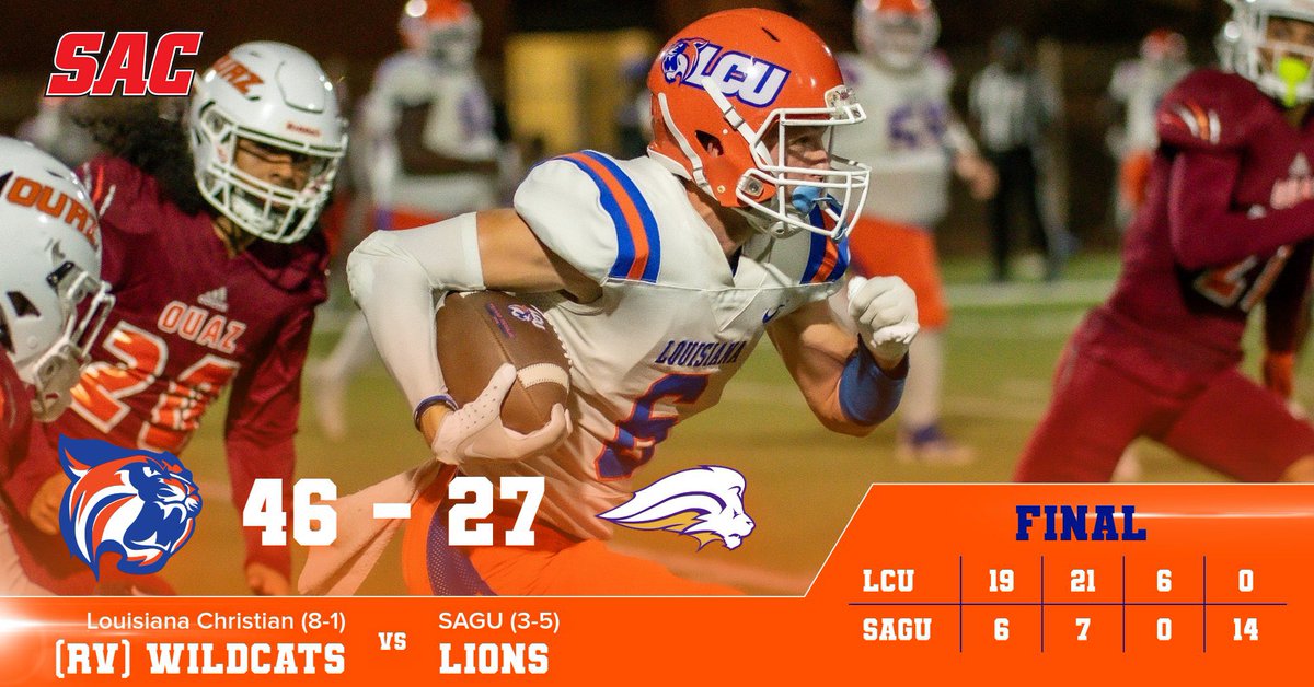 🏈 Final 🏈

(RV) <a href="/LCU_ftball/">LCU Football</a> - 46

SAGU - 27

Leaders:

Pass - Palermo (233, 4 TDs)

Rush - D. Briacoe (167, 2 TDs)

Rec - West (85, TD)

Tackles - Kav. Touriac (8)

Interceptions - Mitchell (1) | McGhee (1) | Weathersby (1)

Next - Saturday vs. John Melvin (12 pm) | Senior Day