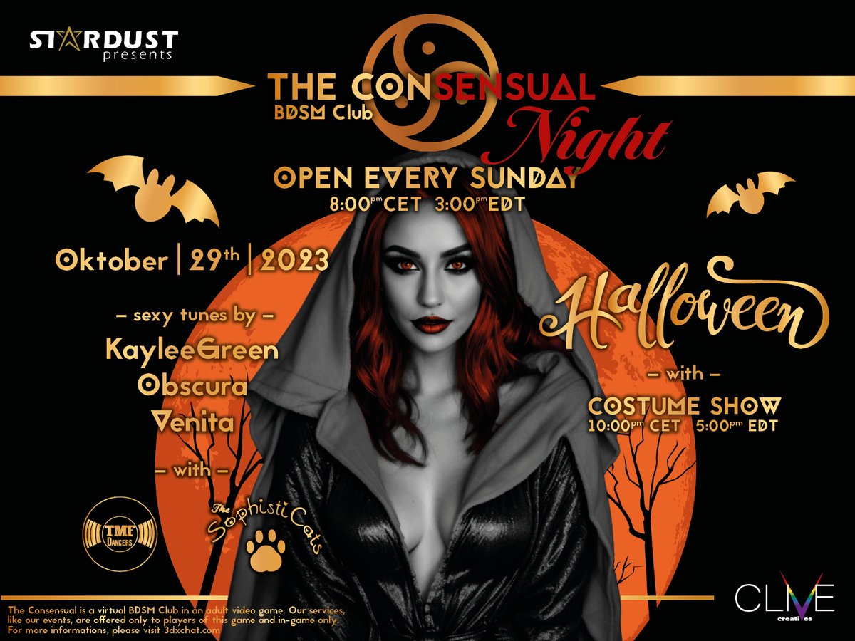 ⭐️ The COṈSEṈSUΔL BDSM Club ⭐️ 
OPEN EVERY SUNDAY - 8pm CET
Sunday, 29. October 
Music by: KayleeGreen, Obscura &amp; Venita
Supported by The Sophisticats 

Halloween costume show at 22 CET