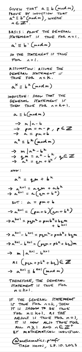 tiago_hands's tweet image. How to show thoroughly, via #mathematicalinduction, given that a≡b(modm), aⁿ≡bⁿ(modm), where nEZ⁺... #modulararithmetic #clockarithmetic #furtherpuremaths