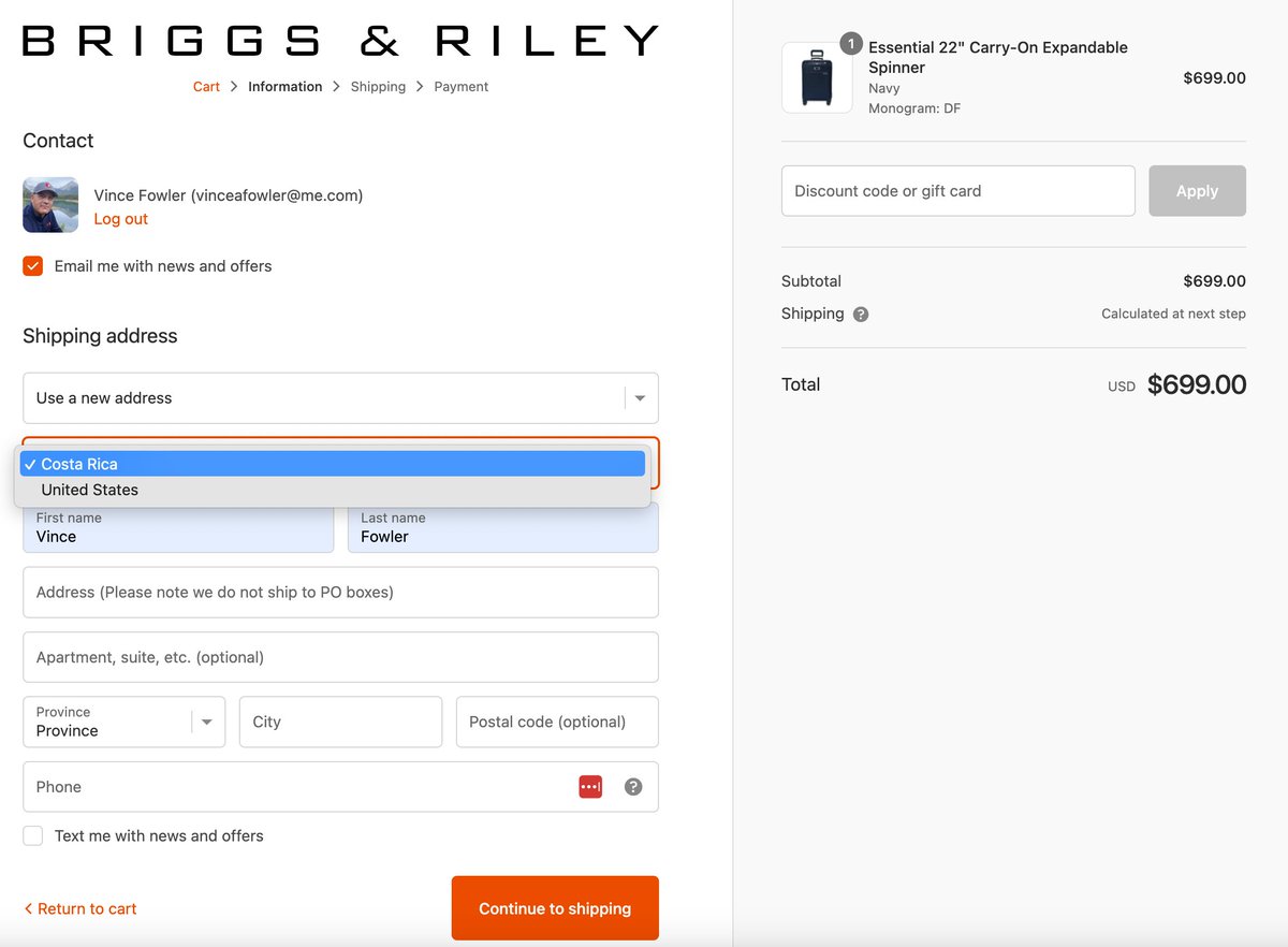 Vince Fowler 🤔 (@vincefowler) on Twitter photo Hello, <a href="/BriggsandRiley/">Briggs & Riley</a>. I live in Canada. I have an account on your website. However, buying from Canada on your website doesn't appear to be an option??
Weird. Hello, <a href="/BriggsandRiley/">Briggs & Riley</a>. I live in Canada. I have an account on your website. However, buying from Canada on your website doesn't appear to be an option??
Weird.
