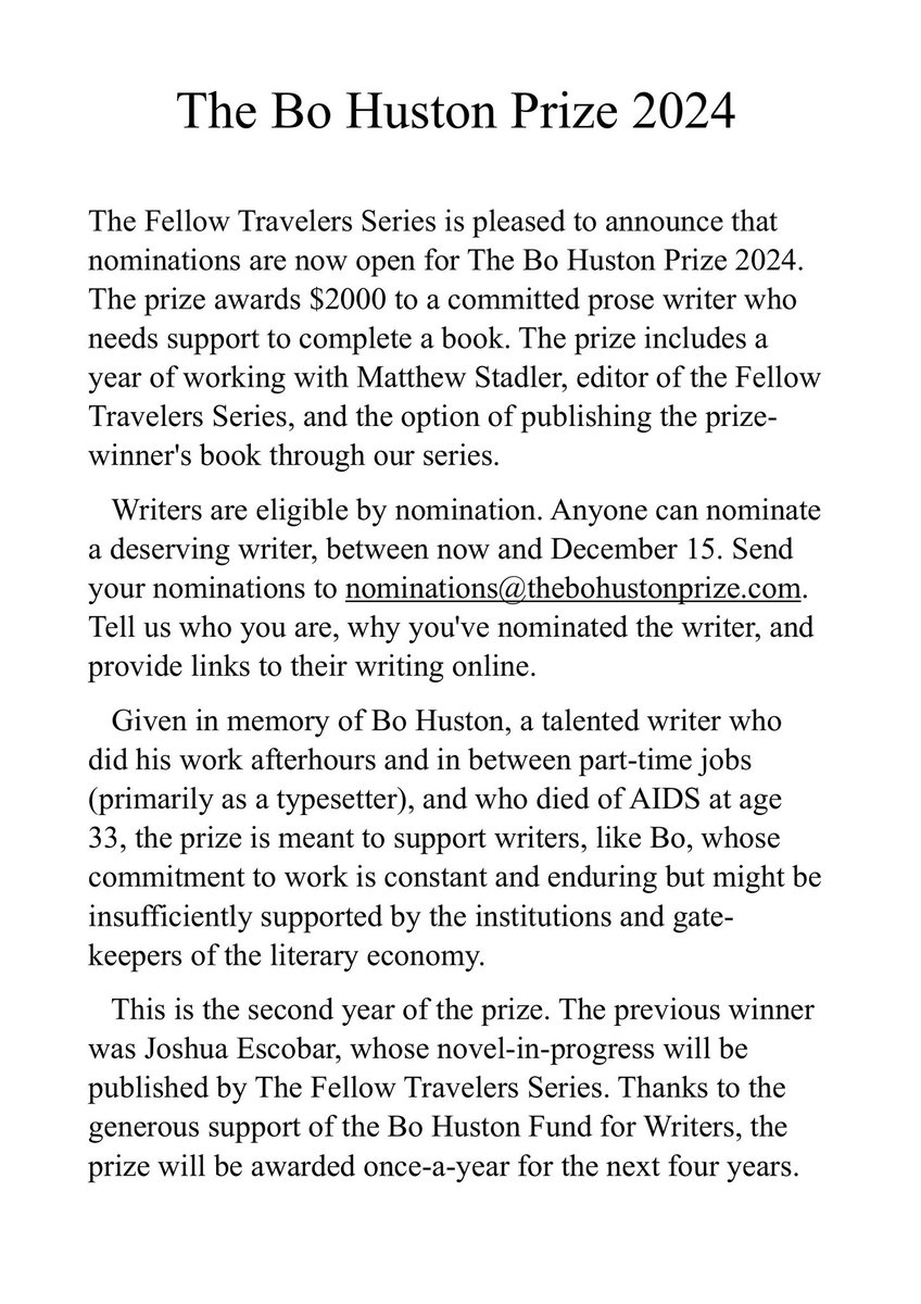 The Bo Huston Prize 2024

Nominate a deserving writer by email to nominations@thebohustonprize.com