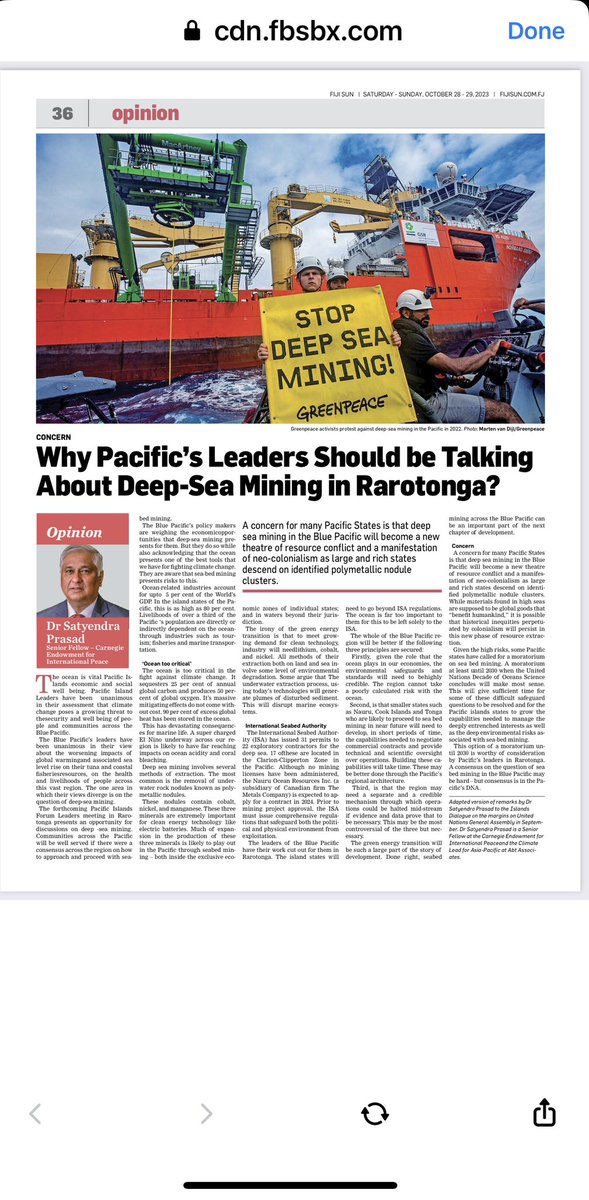 My thoughts to leaders across the #BluePacific leaders in a new global race to mine the high seas @sun_fiji