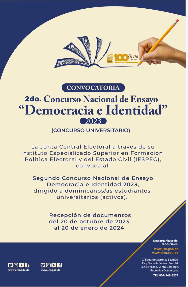LlennisJ's tweet photo. En Despacho Informativo, el Instituto Especializado en Formación Política Electoral y del Estado Civil IESPEC), de
la Junta Central Electoral (JCE), informa la convocaría del Segundo Concurso Nacional de Ensayo “Democracia e Identidad 2923”. https://t.co/ardtbwcO0f