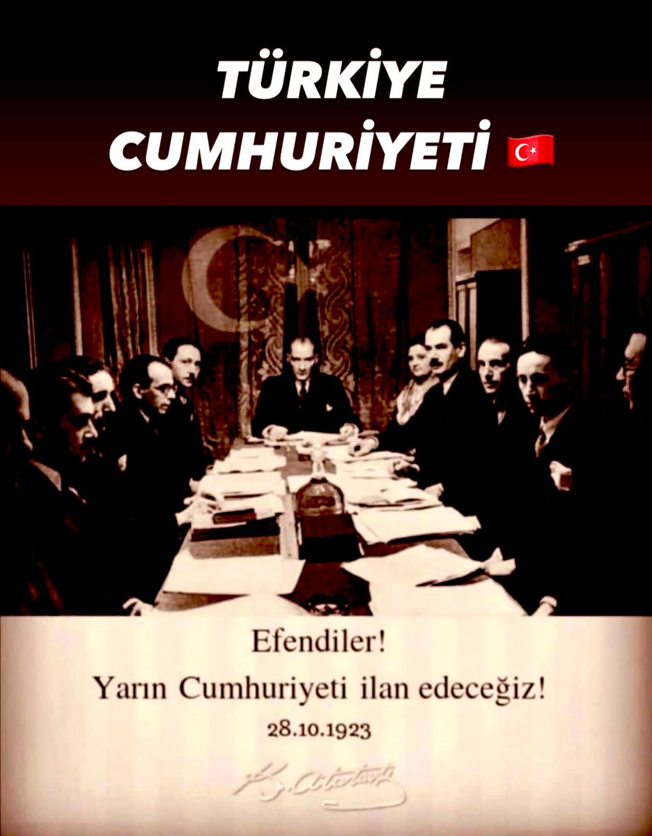 🇹🇷🇹🇷🇹🇷🇹🇷🇹🇷🇹🇷🇹🇷🇹🇷🇹🇷🇹🇷🇹🇷🇹🇷Başta Gazi Mustafa Kemal Atatürk olmak üzere bizlere Türkiye Cumhuriyetini armağan eden tüm şehit ve gazilerimizi minnetle anıyorum
Cumhuriyetimizin 100. Yılı Kutlu Olsun!
Ne Mutlu Türküm Diyene
Nice 100 Yıllara Büyük Türk Milleti!