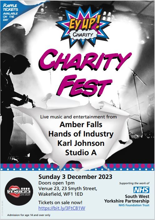 Early bird tickets are still available for our EyUp! charity fest!🎸🎶 Bring your friends, family and workmates for an afternoon of live music and entertainment! 🗓️Sunday 3 December, 2023 📍 Venue 23, Wakefield ⏰1pm Get your tickets from £10👉 buff.ly/3QdQyIi