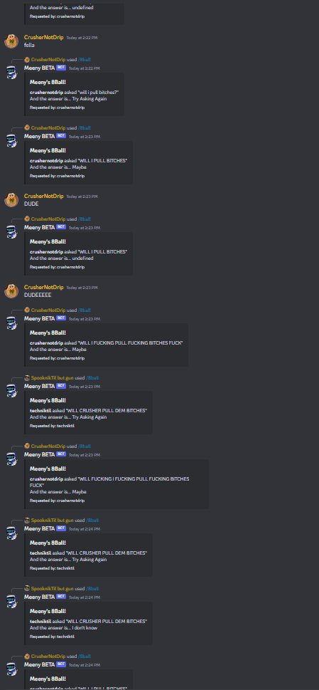 MeenyDiscord's tweet photo. bot is getting deleted hope you all had fun while it lasted - crushernotdrip https://t.co/RqqmLfL8IK