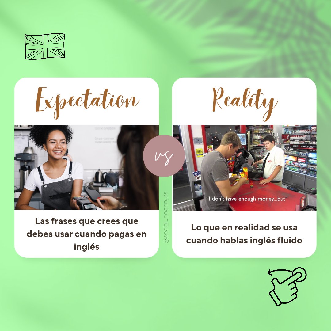 Social_Coconuts's tweet photo. Cuando aprendes frases elegantes en tu curso de inglés vs. cuando las usas en la vida real 🙈

💬 A veces, las clases de inglés no pueden prepararte para la jerga y expresiones que usamos en la vida real. Pero, ¡la diversión está en el intento! https://t.co/svtgrDoqAB