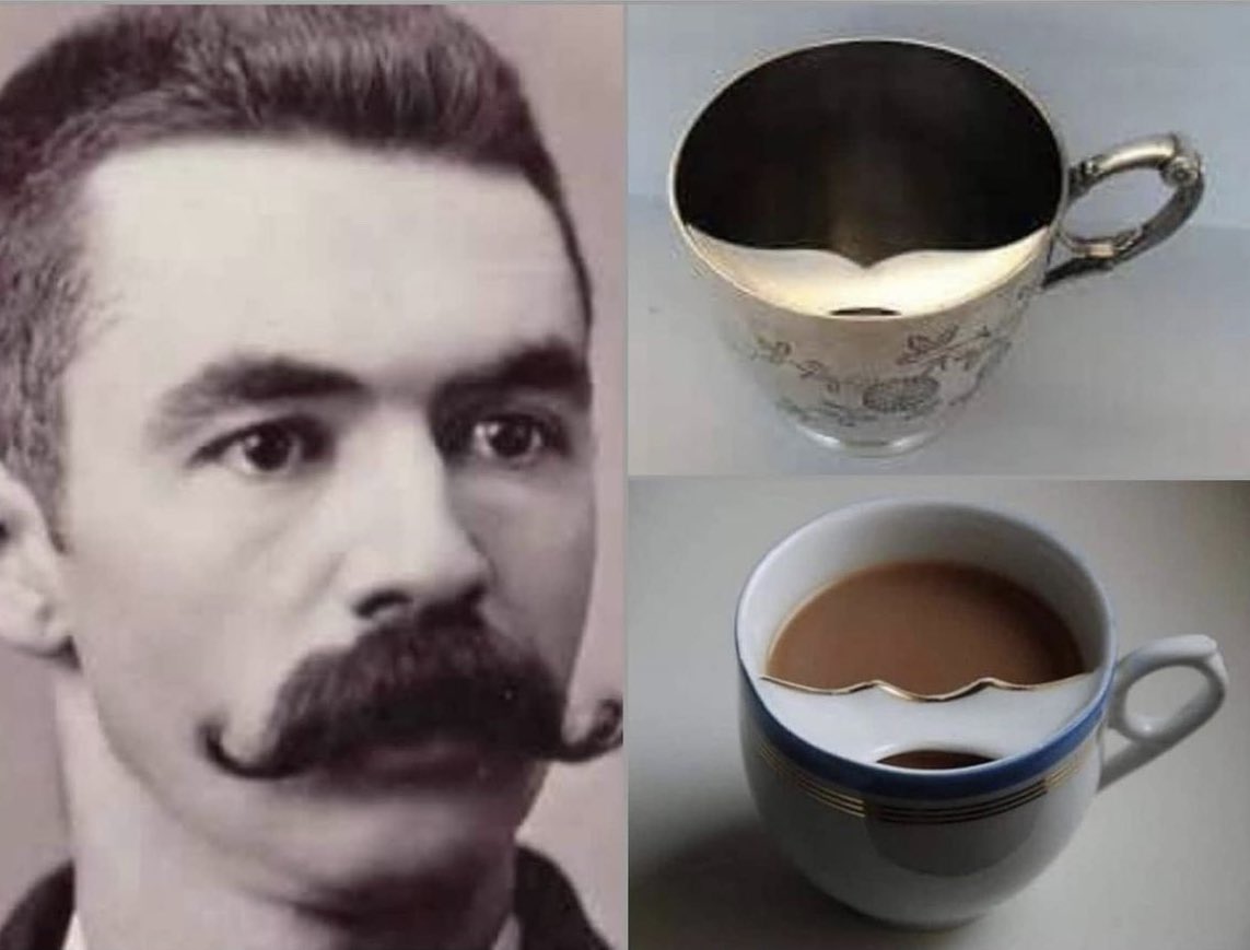 Mustache cups from the Victorian era (1837-1901) in the United Kingdom.

The device sat inside the cup and allowed one to drink from it while keeping their mustache dry. It was invented in the 1860s by British potter, Harvey Adams. Mustaches were extremely popular during the