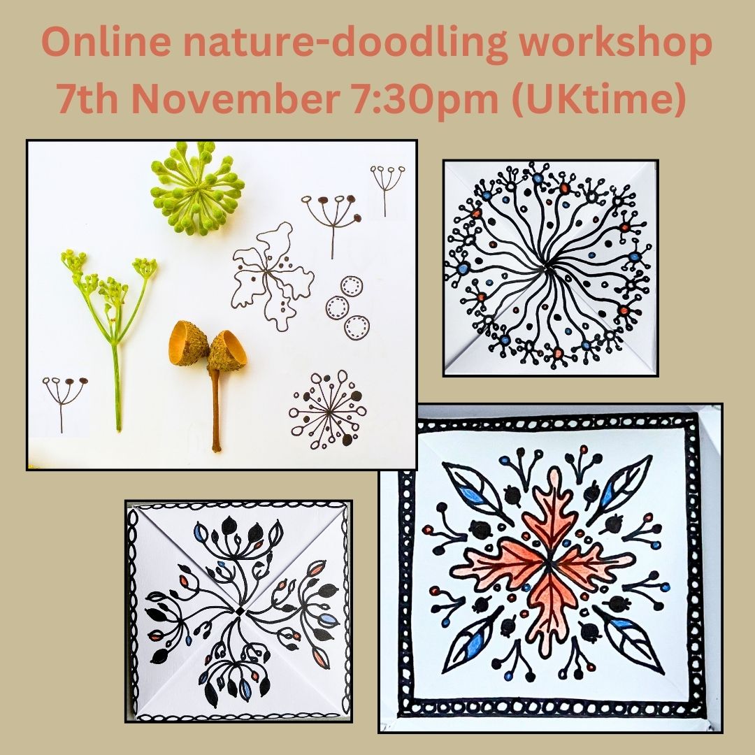 Nature Doodling mini online workshop, Tues 7th Nov. 7:30pm (GMT) via Zoom. For adults.
Including how to use your doodles to make a Victorian puzzle purse! 
Tickets by donation (£5-£12) shorturl.at/ioAEZ

@ArtPeterborough #onlineworkshop #naturedoodling #zoomworkshop