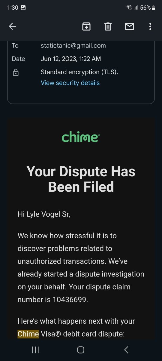 Statictanic's tweet photo. @Chime Makes @Chime to violate ETFA CFPB &amp; State law, denying disputes, stealing a disabled homeless man's money, that could save his life, using overseas agents with no contact info for U.S. offices, and automated emails. ETFA compliant in 14 hours? Hours of talk is 2 choppy lines? https://t.co/vggrvPzKpU