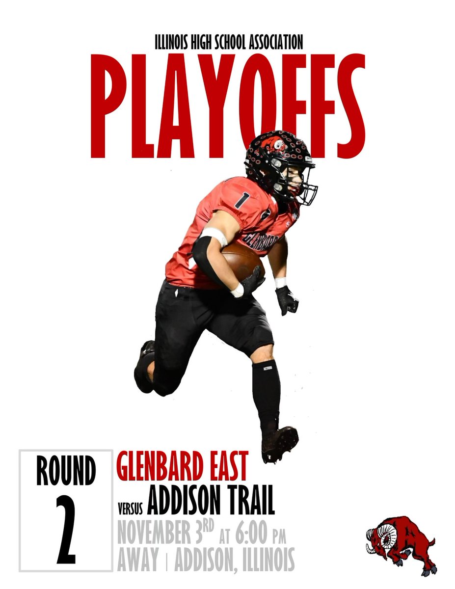 RamFBHC's tweet photo. The Rams will hit the road for round 2 of the IHSA playoffs taking on the Trail Blazers of Addison Trail. An early kickoff at 6:00 pm. #WEAREEAST #EAT. https://t.co/QNKEAfIqtN