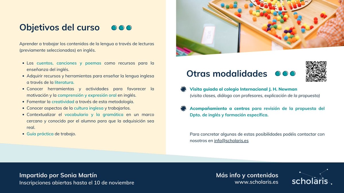 ¿Enseñar inglés como una asignatura o como una lengua? ¿Qué métodos son los mejores?

🔔Funny #English! Enseñar #inglés a través de los cuentos y la #Literatura

🗓️ Curso el 18 de noviembre
🔵 Colegio J.H. Newman
🛒 Bonificable por #FUNDAE

scholaris.es/curso-funny-en…