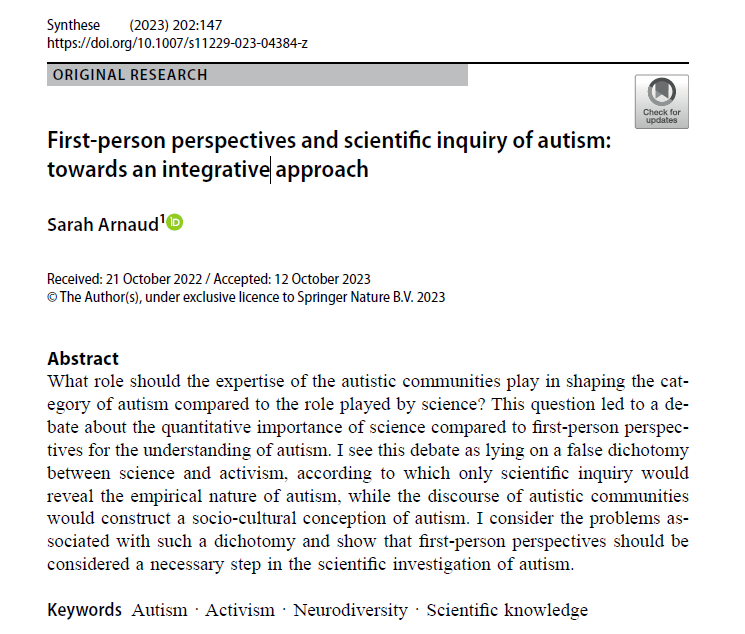 sarah_a_arnaud's tweet image. I&apos;m  happy to share the link to my new paper on the impact of First-person perspectives on autism, published in Synthese. I welcome any comment or  question!

rdcu.be/dpFyn