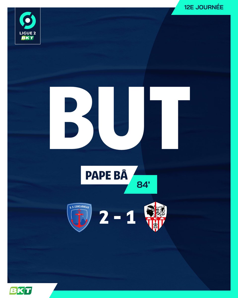 Ligue2BKT's tweet photo. Quel scénario pour l'@USConcarneau 🤯
Pape Bâ marque un doublé ⚽️⚽️
#USCACA https://t.co/vOGWaXh606