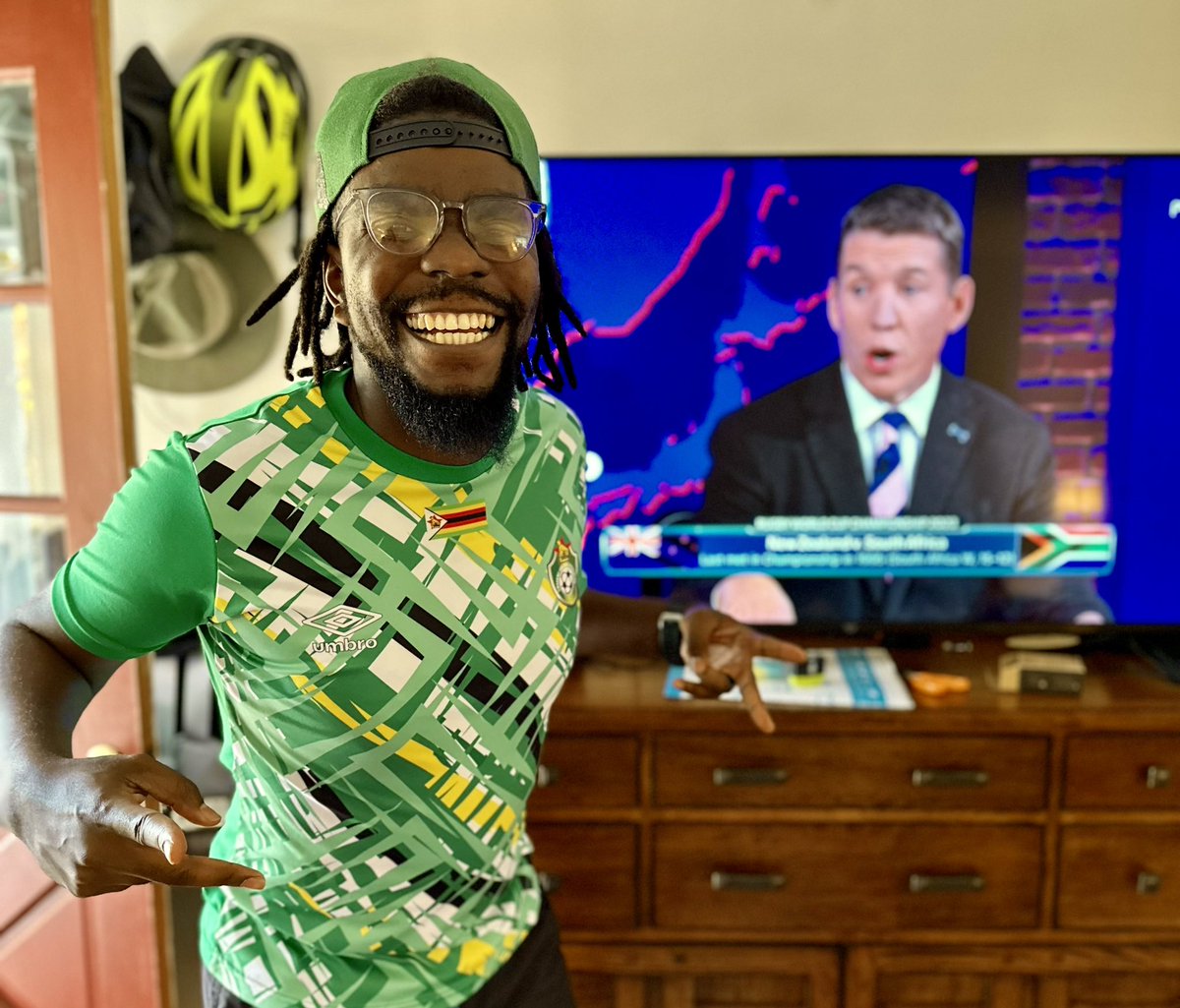 Game day! Today I identify as a South African. My name is Casper Vilakazi and I come from Mpumalanga Province. And yes I’m wearing a Springboks jersey! That’s my truth! Go Bokkie! 🇿🇦🇿🇼🏆🏉 
#RugbyWorldCupFinal 
#SAvsNZ