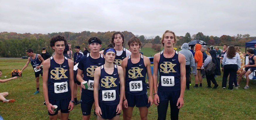 The St. Pius Lancers men's team at the finish line after a second place at Districts. Next stop the Missouri State Championships! <a href="/stplancersports/">StPXsports</a>