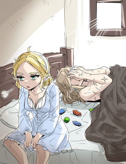 これは朝寝ぼけてベッドにルピーをばら撒いてしまったゼルダ様と朝日を眩しがるリンク君の絵
