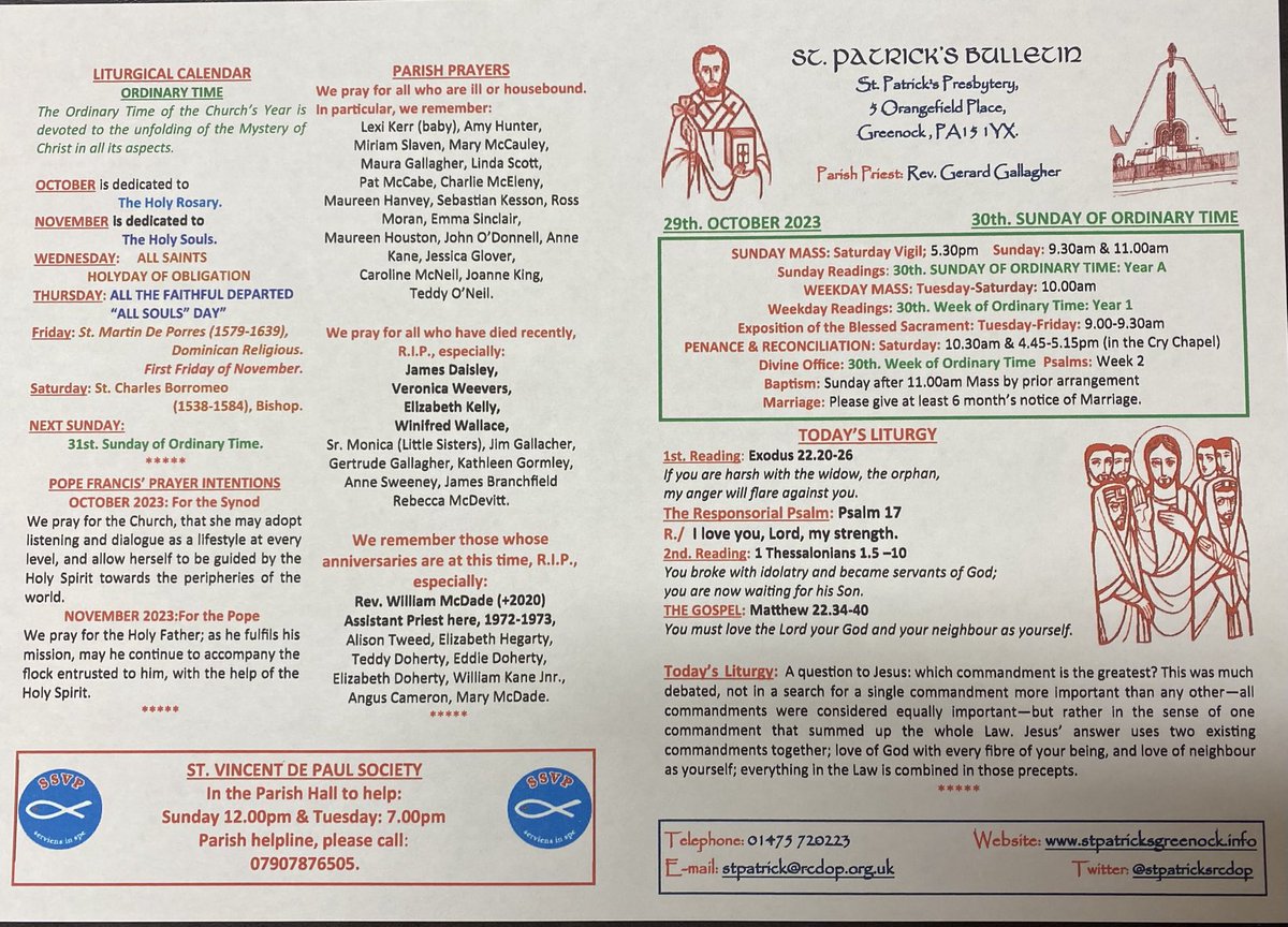 stpatricksrcdop's tweet photo. SPG BULLETIN 29.10.2023: 30th. Sunday of Ordinary Time: Wednesday is All Saints Day, Holyday of Obligation: Thursday is All Souls Day: November Lists. https://t.co/Dona2YhQXk
