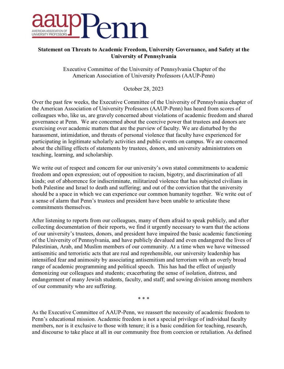 face_diwan's tweet photo. Official statement issues by the American Association of University Professors. It addresses the systemic dehumanization of Palestinian, Arab, and Muslim lives in the American University and it’s complicity in the ongoing genocide of Palestinians in Gaza. Share widely @Penn https://t.co/iwM108Ulpg