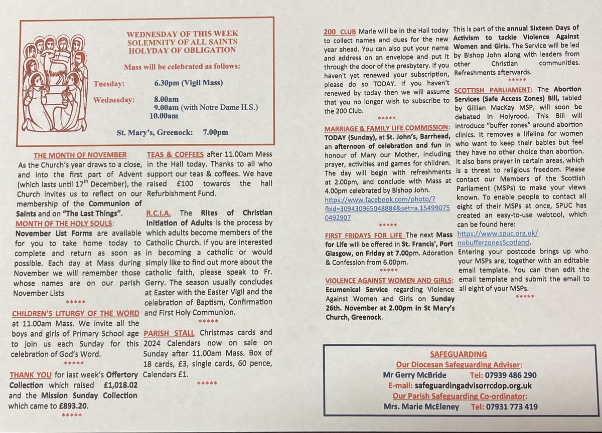 SPG BULLETIN 29.10.2023: 30th. Sunday of Ordinary Time: Wednesday is All Saints Day, Holyday of Obligation: Thursday is All Souls Day: November Lists.