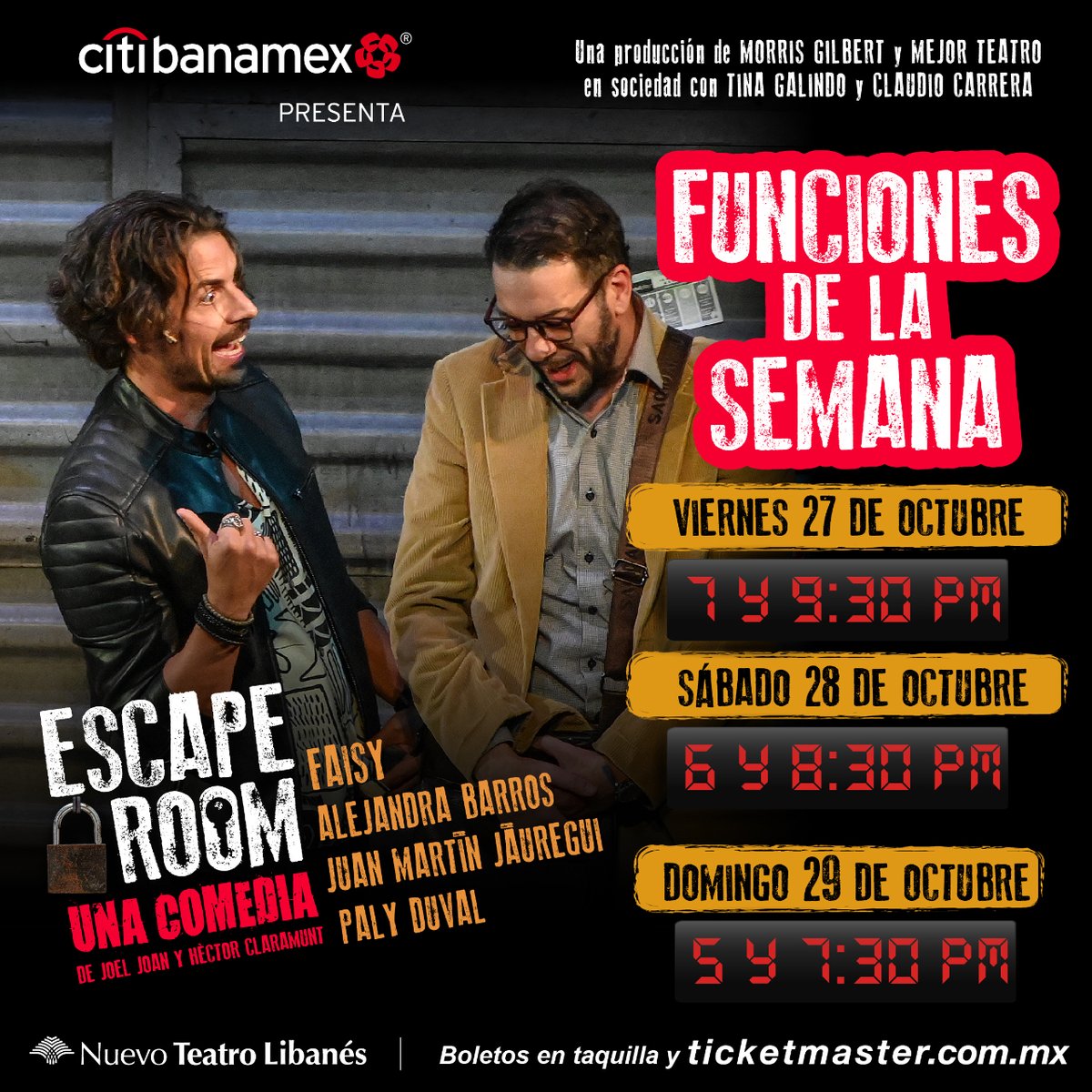 ¿Qué sucede cuando mezclas 4 amigos, un asesino en serie con cierta inclinación por la parafernalia nazi y un raro #EscapeRoom? ¡Adquiere tus boletos y descúbrelo!

🔐 27 de oct |⏰ 7 y 9:30 pm
📆 28 de oct |⏰ 6 y 8:30 pm
📆 29 de oct |⏰ 5 y 7:30 pm
🎟️ bit.ly/EscapeRoomBole…