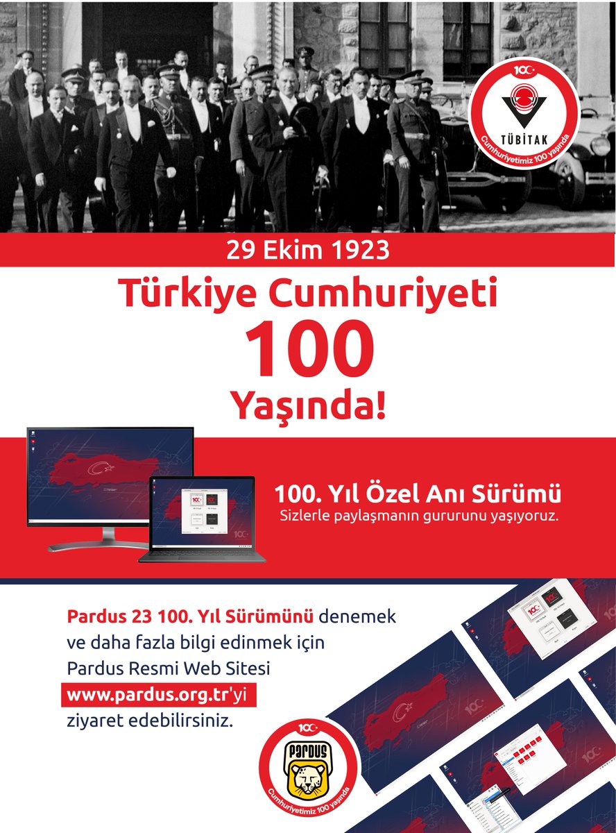 Pardus ekibi olarak Türkiye Cumhuriyeti'nin kuruluşunun 100. yılını onurlandırmak amacıyla özel olarak hazırlamış olduğumuz Pardus 23'ün “100. Yıl Özel Anı Sürümü”ne aşağıdaki linkten erişebilirsiniz👇

pardus.org.tr/duyurular/turk…

<a href="/Tubitak/">TÜBİTAK</a> <a href="/TubitakUlakbim/">TÜBİTAK ULAKBİM</a>