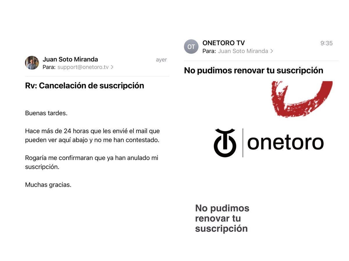 Vergonzoso lo de <a href="/OneToroTV/">OneToroTV</a>. Solicito la baja DOS veces en las últimas 48 horas. NADIE me contesta. Pero sí intentan cargarme en la tarjeta la renovación que NO QUIERO. 4 MENSAJES llevo en el día de hoy. ¿No puede uno darse de baja? No hay NADIE con quien hablar. NADIE!!!!!