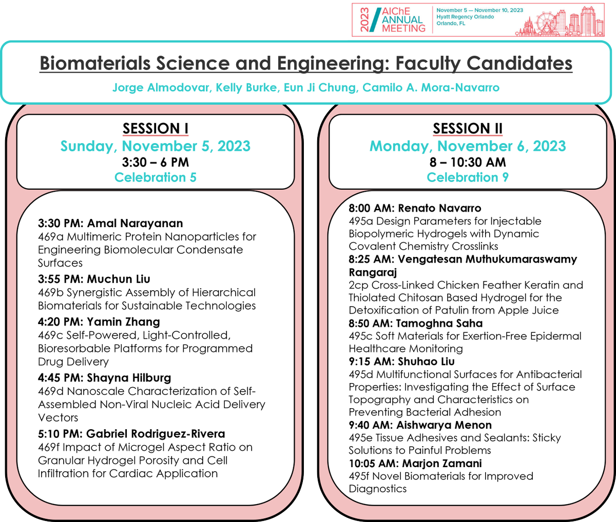Getting ready for AIChE! <a href="/ChEnected/">American Institute of Chemical Engineers (AIChE)</a> 

Search Committees:
Check out the 2 Faculty Candidate sessions for Biomaterials Science and Engineering on Sunday afternoon and Monday morning! <a href="/aiche_mesd/">AIChE Materials Engineering and Sciences Division</a>

aiche.confex.com/aiche/2023/mee…
aiche.confex.com/aiche/2023/mee…