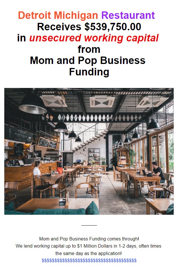 Does your business need working capital to expand, remodel or re-tool? We lend up to $1 million in UNSECURED capital in 2-3 days. All that is needed is a simple 1-page application and 6-months recent bank statements. Learn more : info@ccswealth.com. #Lending