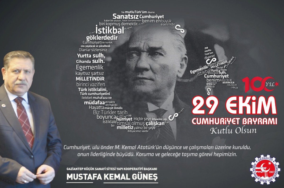 Cumhuriyetimizin kurucusu Gazi Mustafa Kemal ATATURK basta olmak uzere,bu topraklari bize vatan kilan aziz sehitlerimizi ve ebediyete intikal etmis gazilerimizi rahmet,minnet ve sukranla aniyor, Cumhuriyetimizin 100.Kurulus yil donumunu kutluyorum.