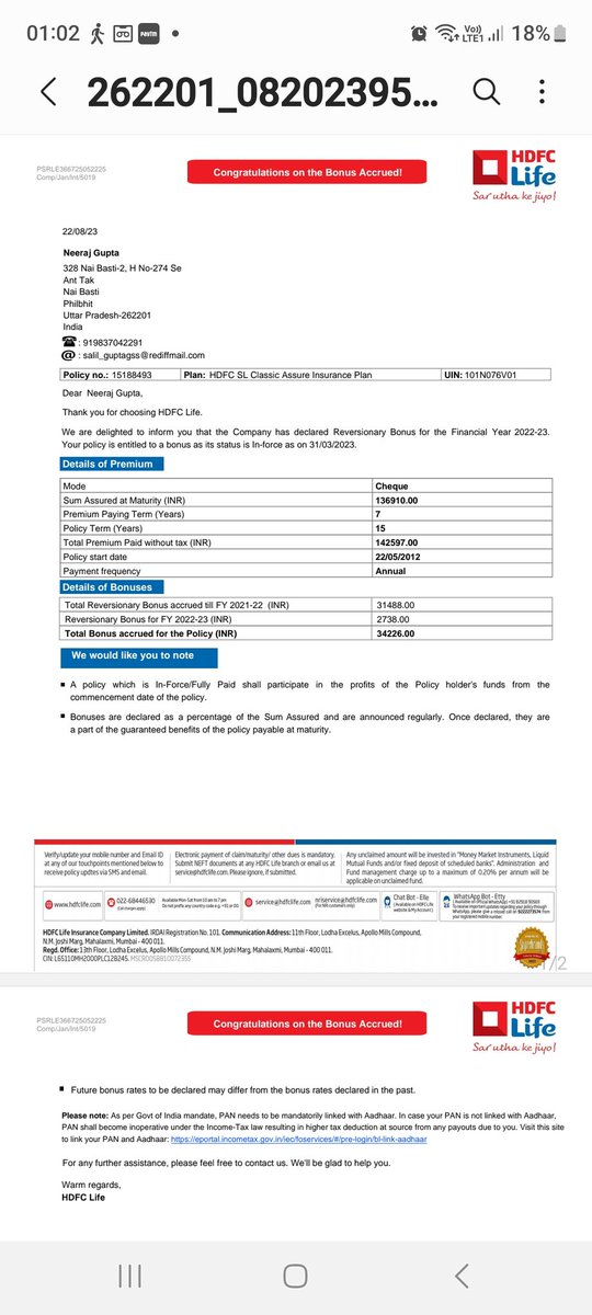 <a href="/HDFCLIFE/">HDFC Life</a> 
श्रीमानजी मैंने 2012 में आपकी एक पॉलिसी खरीदी थी जिसको बंद करके मैं उसका पैसा वापिस लेना चाहती हूं लेकिन आपकी बरेली उत्तर प्रदेश शाखा का स्टाफ मुझे पैसे देने के बजाय फिर से इन्वेस्ट करने का दवाब बना रहा है कृपया मेरा पैसा दिलवाएं
नीरज गुप्ता