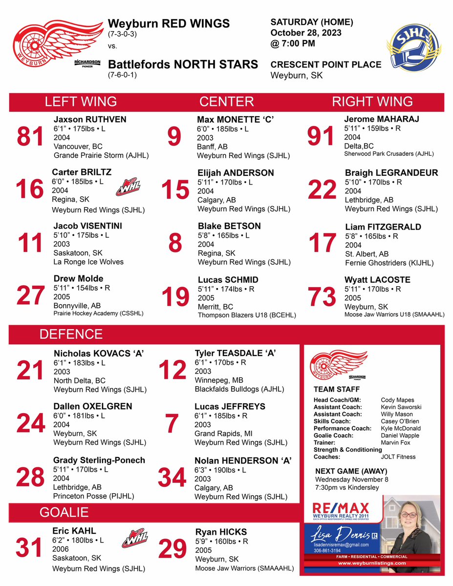 LET’S GO! 
Projected lineup against North Battlefords North Stars presented by Lisa Dennis REMAX  Weyburn Realty 2011. 

📍WEYBURN, SK
📺 <a href="/FloHockey/">FloHockey</a> 
🕖 7:00 pm

#weyburnredwings #SJHL #gowingsgo