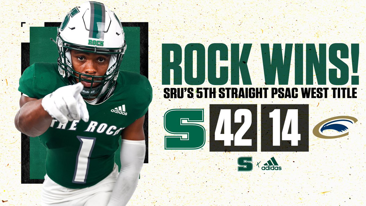 Rock_Athletics's tweet photo. FB: ROCK WINS! No. 6 Slippery Rock cruises to a 42-14 win over Clarion to lock up a fifth straight PSAC West title. SRU will play for the outright PSAC title Nov. 11 regardless of what happens in next week's games. SRU now 9-0 overall on the year. https://t.co/XNuXTuRX1m