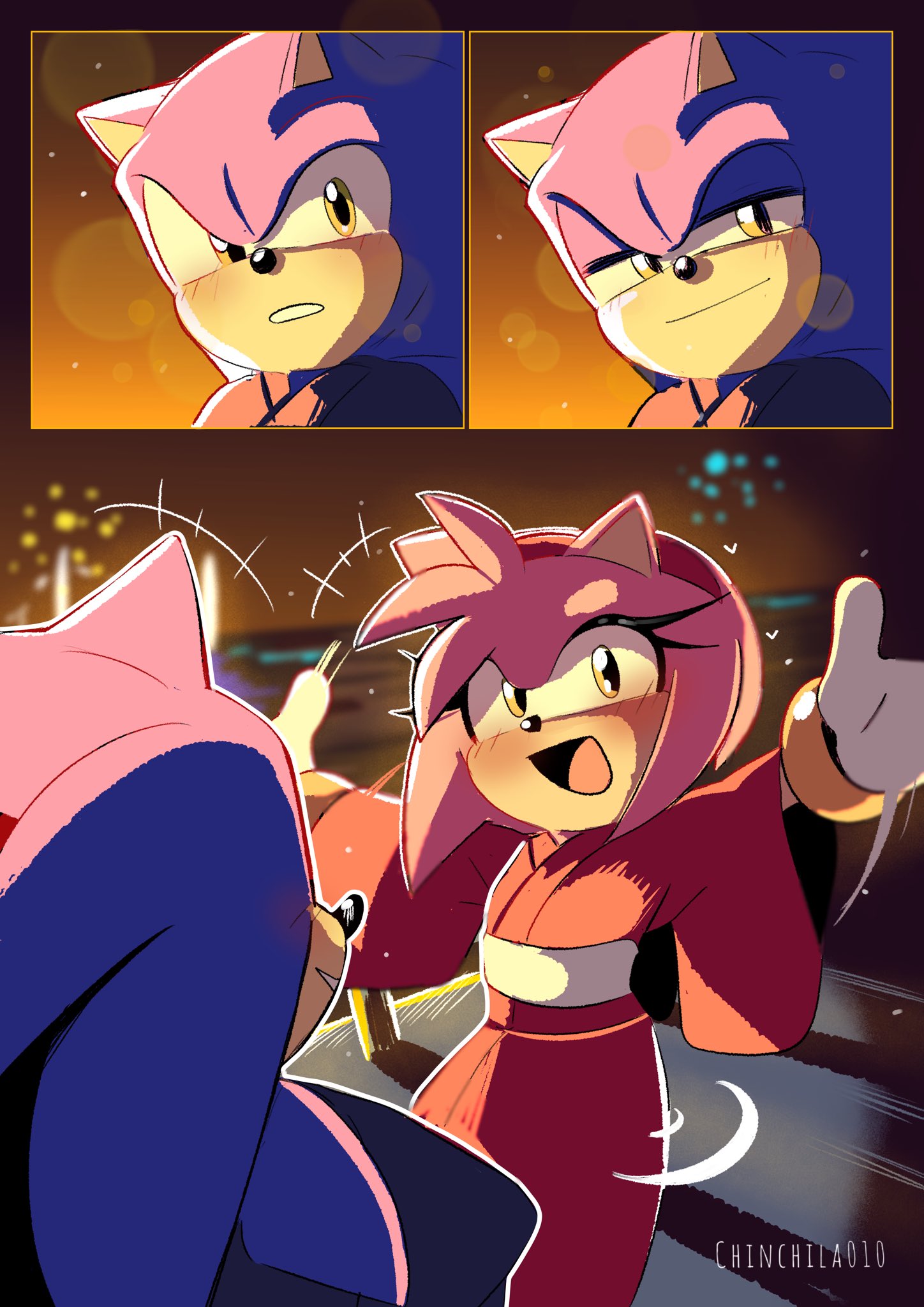 sonic the hedgehog, amy rose, and dark sonic (sonic) drawn by chinchila010