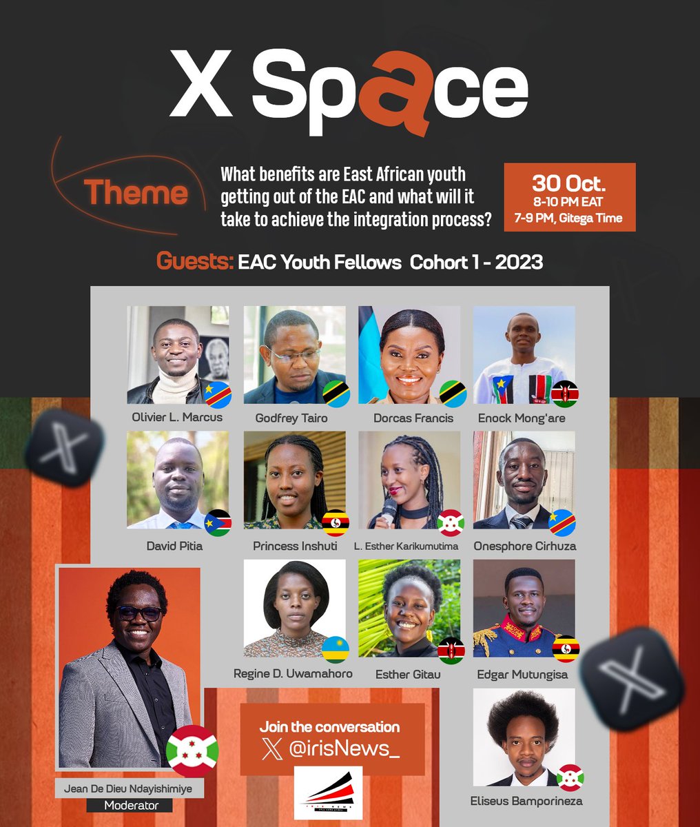 IrisNews_'s tweet image. 🤗Are you enthusiastic about the EAC integration?🔥

👥 Join us in a mind-blowing  space with the participants in the first EAC Youth Fellowship who will share their insights on how the @jumuiya is empowering youth and the role of the latter in speeding up the #EAC integration